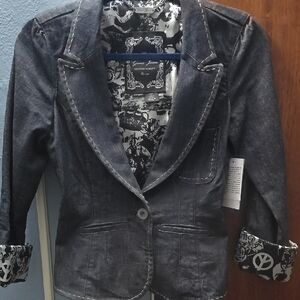 New Guess Denim Blazer with Black Silver  Patterned Lining